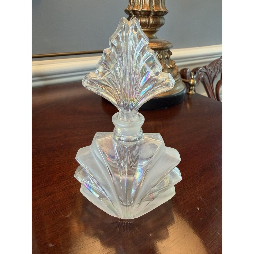 Vintage Irice Glass Perfume Bottle Iridescent Art Deco Geometric Stopper